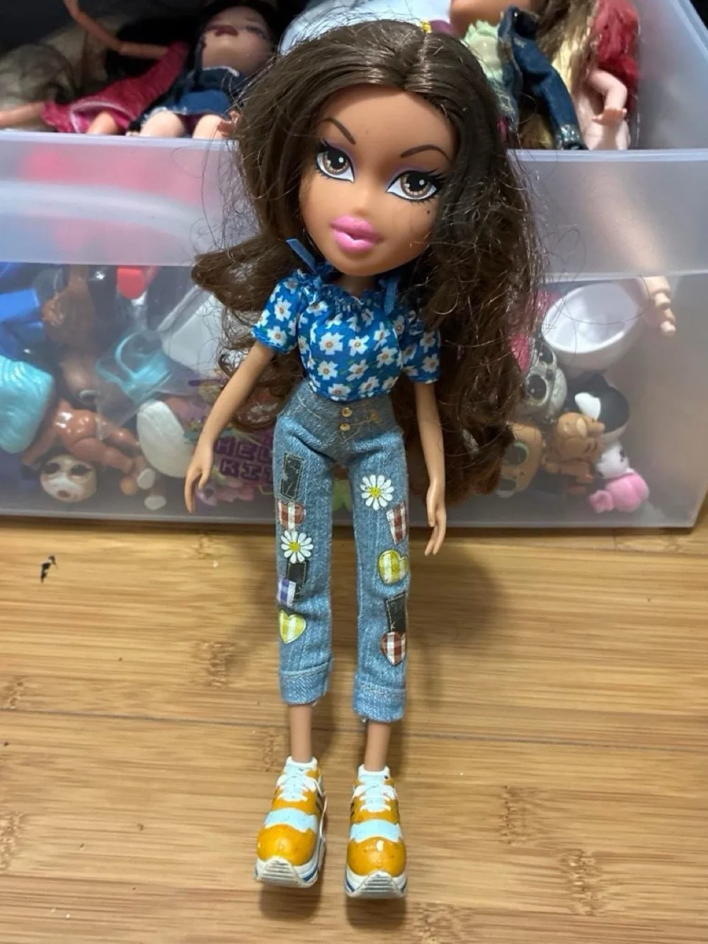 Brunette Fashion Doll with Blue Floral Top and Yellow Sneakers